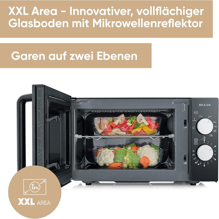 Мікрохвильова піч Severin 2-в-1 з грилем, 20 л, чорна, MW 7762. Функція гриля, плоский скляний стіл, XXL-об'єм для прямокутного посуду, легке очищення.