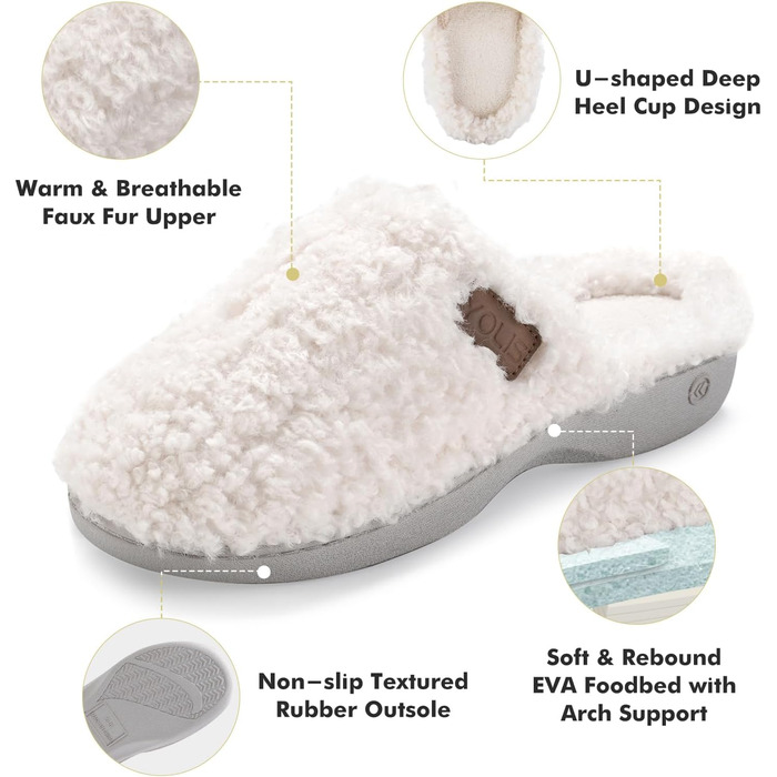 Тапочки жіночі YOLIS Flauschig, м'які, з підтримкою склепіння стопи, з піною Memory Foam, теплі та зручні для дому та вулиці (40/41 EU, білий)