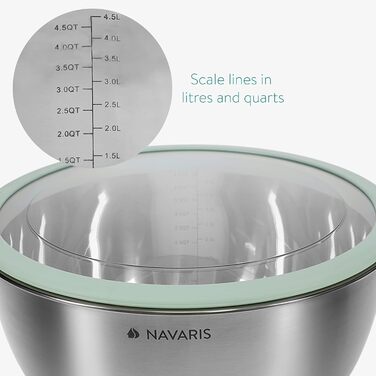 Navaris Stainless Steel Bowl Set with Lid - 3-Piece Mixing Bowl, Salad Bowl - Stainless Steel Bowl Set, Containers in Mint Green