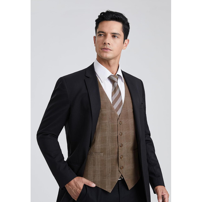 HISDERN Жилет чоловічий в клітинку, класичний, бавовна, для весілля, в стилі 'Hahnentritt', під костюм (S, Коричневий / Хакі)