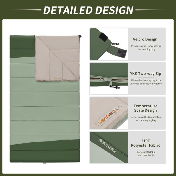 Спальний мішок Naturehike YC для 2 осіб, 3-4 сезони, для дорослих та дітей, зелений