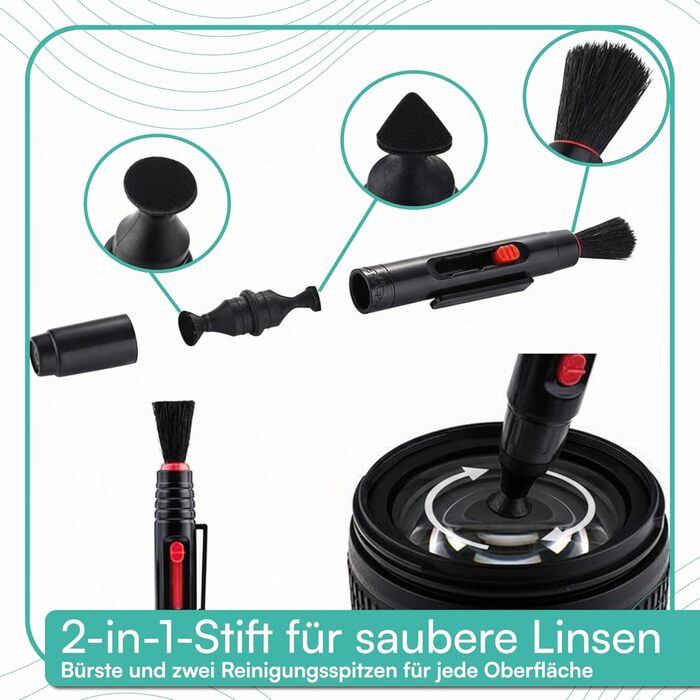 Набір для чищення камери Pixly® 16 предметів: Професійний набір для DSLR з повітряним насосом, 2-в-1 олівцем для лінз, пензлем для чищення, рукавичками та мікрофібровими серветками. Підходить для камери, об'єктива та сенсора.