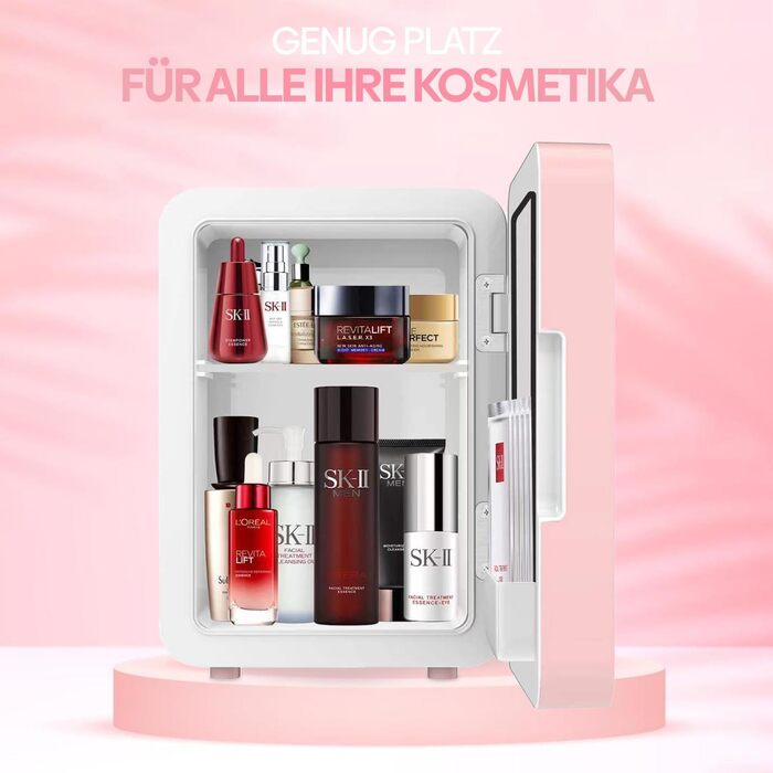 Olvy Skincare Fridge - 4 Liter Mini Fridge with LED Mirror - Portable Beauty Fridge, Cooling & Heating for Room Use (Pink)