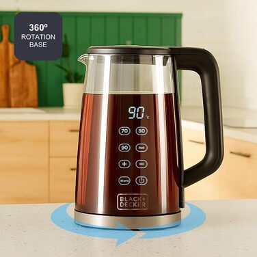 Електричний чайник BLACK+DECKER BXKE2202E 2200W 1.2L з поворотним підставою 360°C, для лівшів, з ергономічною ручкою, автовимкненням, індикатором рівня води та кнопкою відкриття