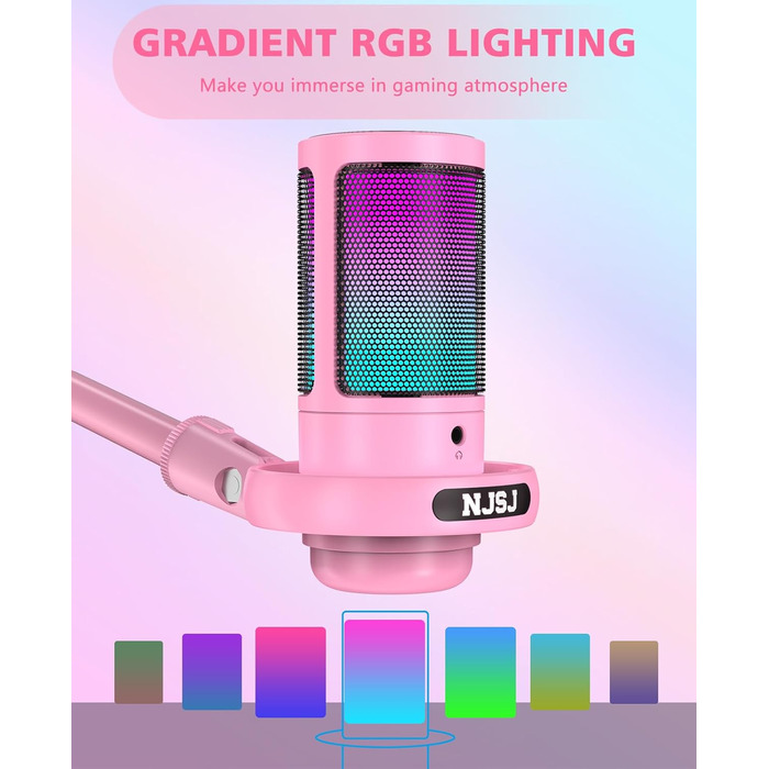 Мікрофон для ПК NJSJ Gaming з тримачем, USB мікрофон для Mac, PS4, PS5 (рожевий) з кнопкою вимкнення звуку, навушниками, поп-фільтром, кардіоїдний конденсаторний мікрофон для подкастів та стрімінгу