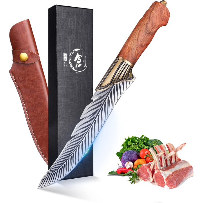 PURPLEBIRD Fillet Knife Sharp De-boning Knife with Wooden Handle, Japanese Cooking Knife with Leather Sheath Outdoor Knife