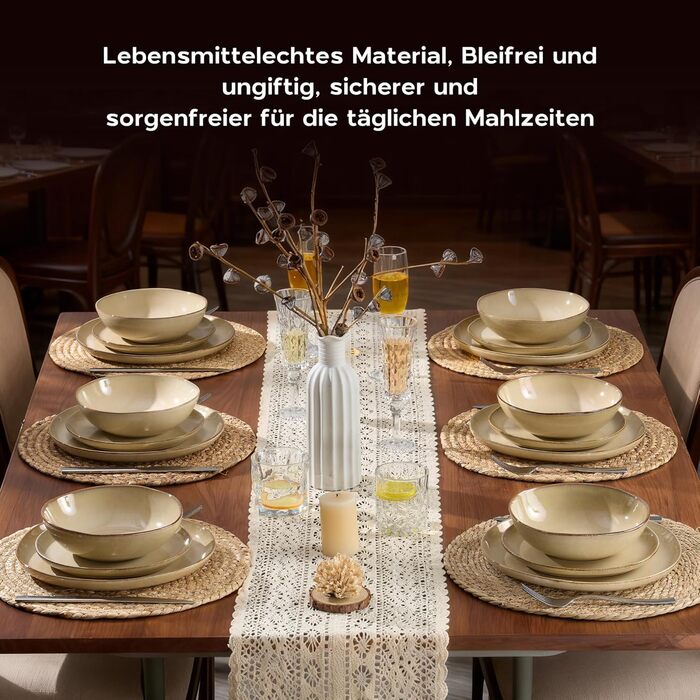 Набір посуду Joyfair на 6 осіб, 18 предметів, з каменю, тарілки, миски, для мікрохвильовки та посудомийної машини, реактивний пісковий хакі