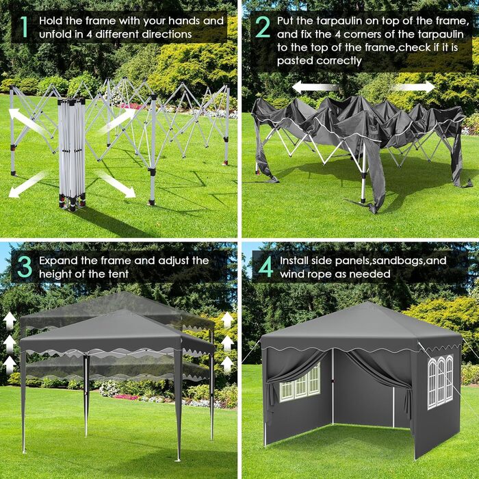 3x3 Gazebo, Waterproof Folding Gazebo Stable and Winter-Resistant, UV Protection 50+, 3x3 Folding Gazebo with 4 Side Walls, Height-Adjustable Garden Gazebo, Foldable Gazebo Tent for Camping, Parties (Gray)
