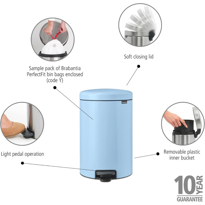 Відро для сміття Brabantia NewIcon 30L з м'яким закриттям кришки та педальним механізмом, 29 x 38 x 68 см, блакитний