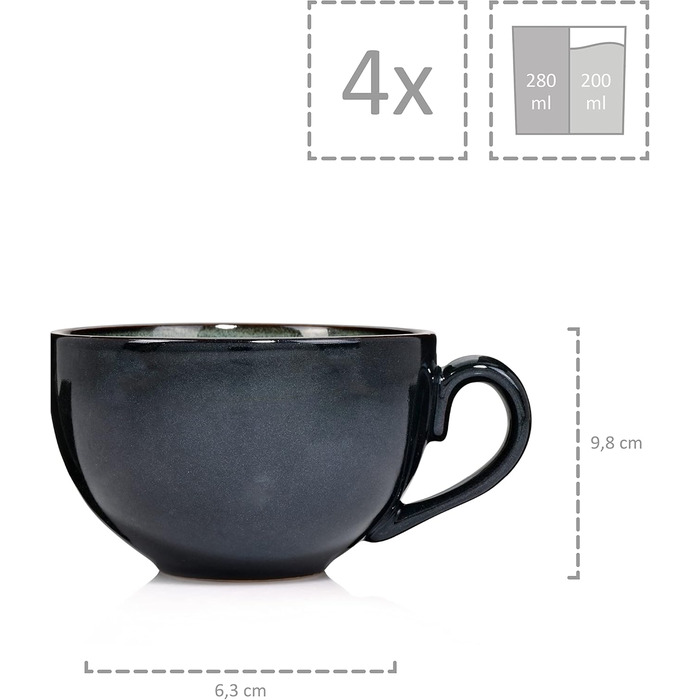 SÄNGER | Copenhagen Coffee Cup Set, 8-Piece, Coffee Service for 4 People, Dishwasher-Safe Coffee Cup and Saucer Set, Stoneware Cup & Saucer Grey with Green Interior 200 ml | PREMIUM COLLECTION Coffee Cups, 4-Piece