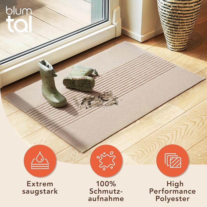Килимок для дому Blumtal 40x60 см - антиковзаючий, для входу, з візерунком, з поліестеру, сірий (90 x 150 см, бежеві смуги)