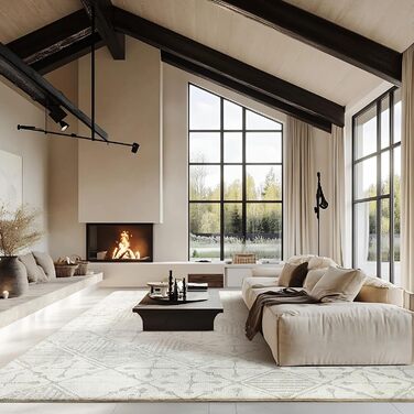 Килим Leesentec для вітальні, спальні: геометричний, сучасний, антиковзаючий, короткий ворс, бежевий, великий, білий (слонова кістка, 80*120 см), кремовий/світло-сірий (200x300 см)