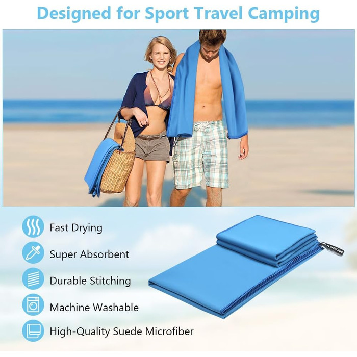 Рушник з мікрофібри Flintronic, 200x100 см, великий пляжний рушник, швидковисихаючий, спортивний, для подорожей, на пляж, до сауни (Небесно-блакитний, (180*90 см)*1 + (80*40 см)*2)