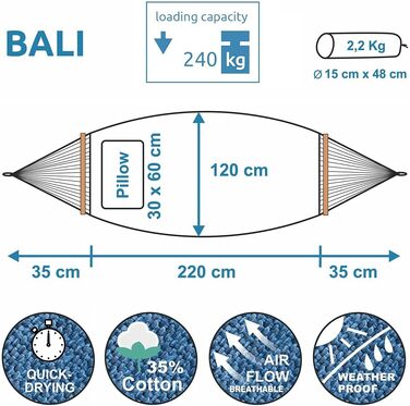 Гамак yourGEAR Bali XL з подушкою, 240x120 см, до 240 кг, бавовняний, з кріпленням (Аква)
