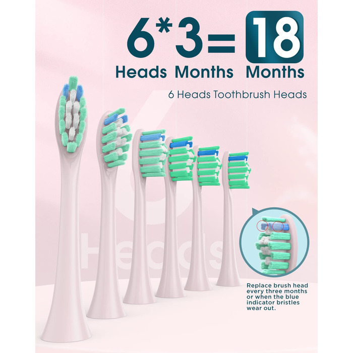 Електрична зубна щітка для дорослих з 6 насадками, акумуляторна звукова щітка, рожева (1 шт.) - тривала робота до 180 днів