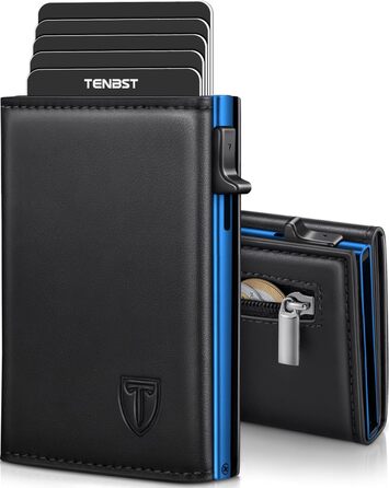 Чоловічий шкіряний гаманець TENBST з RFID захистом, 8 відділень для карток, відділення для монет (Блакитний)