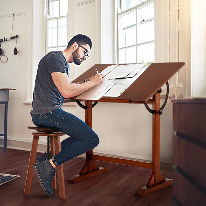 VISWIN Adjustable Drawing Table - Large Wooden Art Table for Artists - Height & Angle Adjustable, Solid Pine Wood, Studio Easel Table for Painting & Drawing