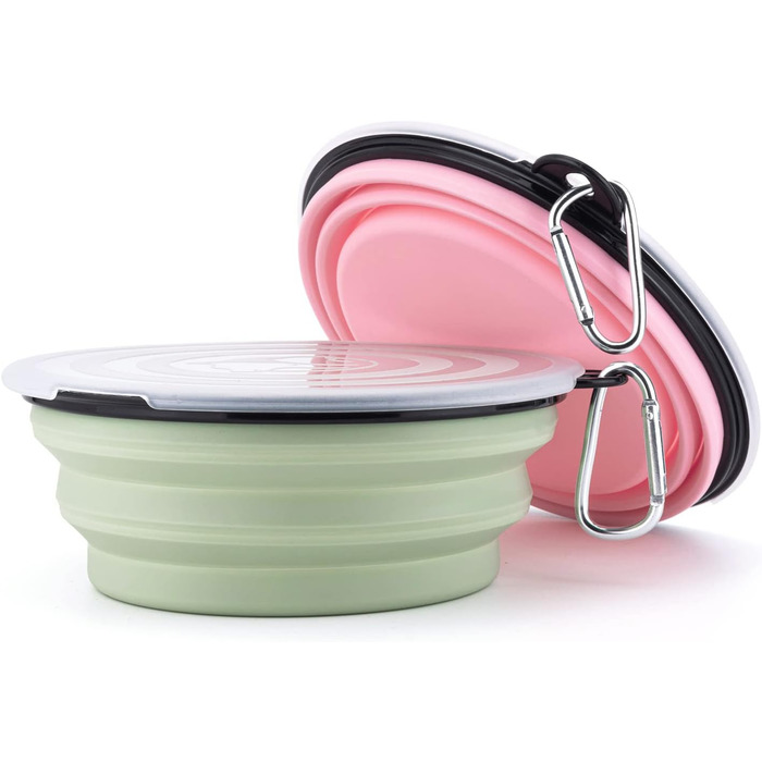 Складані годівниці для собак SLSON (2 шт.) з кришкою та карабінами. Зручні для прогулянок, подорожей та щоденного використання (L, блакитний, рожевий)