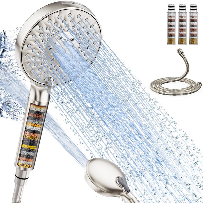 Душова лійка SR SUN RISE з фільтром, шлангом та картриджами, 9 функцій, високий тиск, для жорсткої води, видаляє хлор, важкі метали, бактерії.