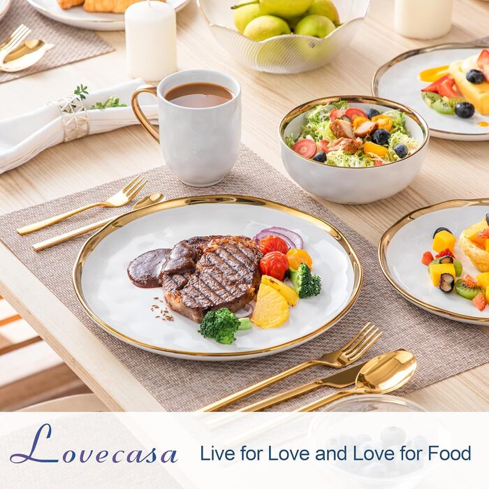 Порцеляновий сервіз LOVECASA Apollo SWEET на 4 особи, білий з золотим обідком, набір посуду на 16 предметів (обідні та десертні тарілки, миски, чашки)