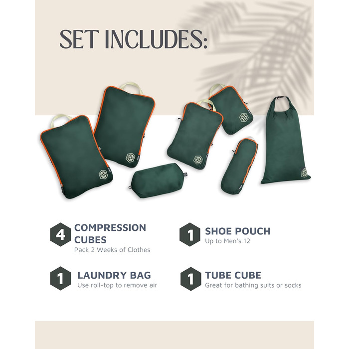 Набір органайзерів для подорожей Trippped Travel Gear: 7 шт., великий розмір, компресійні, для одягу (зелений/помаранчевий)