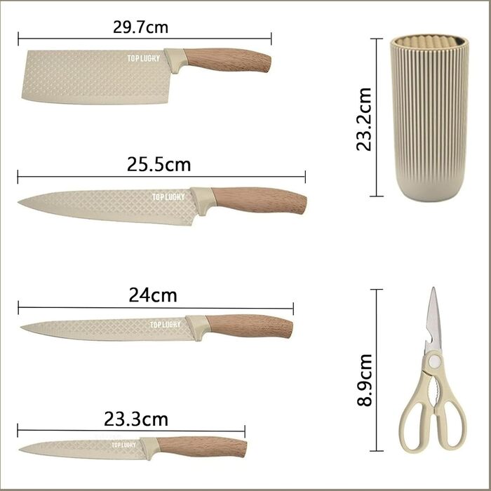 Набір кухонних ножів у блоці, 6 предметів: професійний набір ножів з нержавіючої сталі з ергономічною ручкою, супер гострі, з ножицями, антипригарне покриття, для дому, ресторану, RV (Хакі)