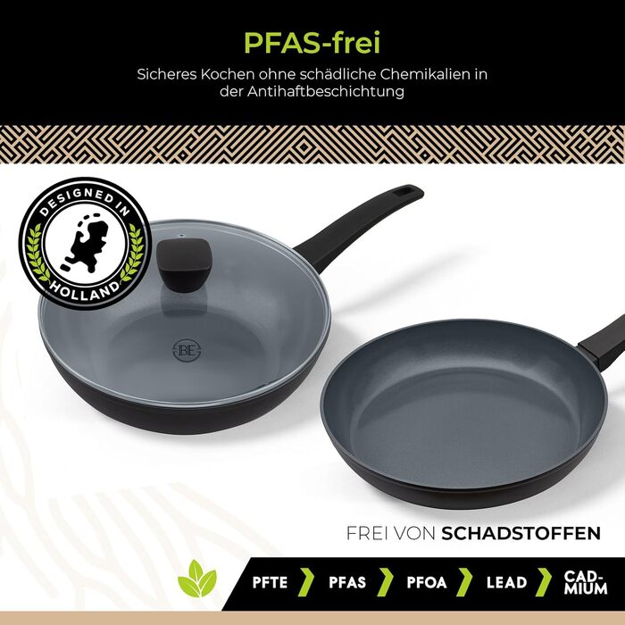 Набір сковорідок Be Living Delight 4 шт. (20/24/28 см + Вок 28 см з кришкою), антипригарне покриття кераміка, для індукційних плит, без PTFE та PFOA, чорний