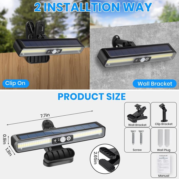 LEKIA Solar Lights for Outdoors, 2 Pack Clip-on Solar Light Garden with Motion Sensor, 2 Mounting Options 3 Modes Wall Light with 36 LEDs (6000k white)