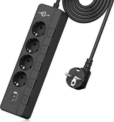 Мережевий фільтр KEPLUG з USB (4000W, 16A) - 6 розеток, 3 USB, індивідуальне вмикання, захист від дітей, 2м кабель, чорний