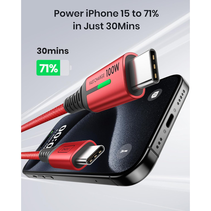 Кабель USB-C 100W з підтримкою PD3.0, 2м, червоний. Кабель USB-C для iPhone, Samsung, Pixel, iPad, MacBook. Нейлонова обплітання.