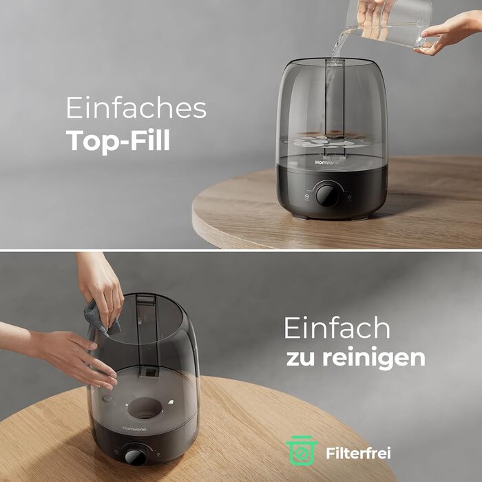 Зволожувач повітря Homvana 4L з верхнім наповненням, охолоджувальний туман, 40 годин роботи, дифузор, для дитячої кімнати, рослин, не містить BPA, ароматерапія (чорний)