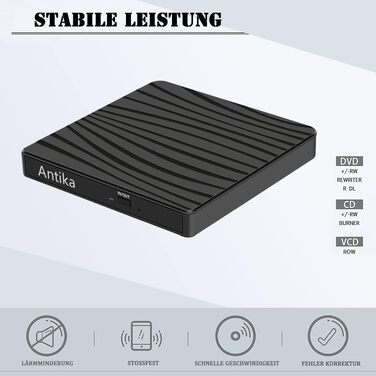 Зовнішній DVD-накопичувач Antika USB 3.0 Type-C, портативний CD/DVD бренер для ноутбука та ПК (Windows, macOS), чорний