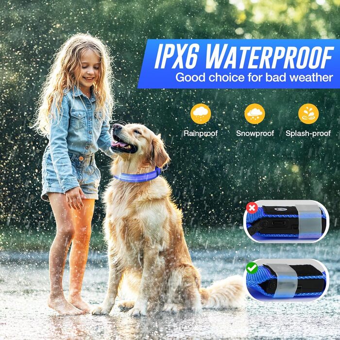 Світлодіодне нашийник для собак Jewyow 7-в-1, багатоквітний, USB-C, водонепроникний, для малих, середніх та великих собак - Синій, M