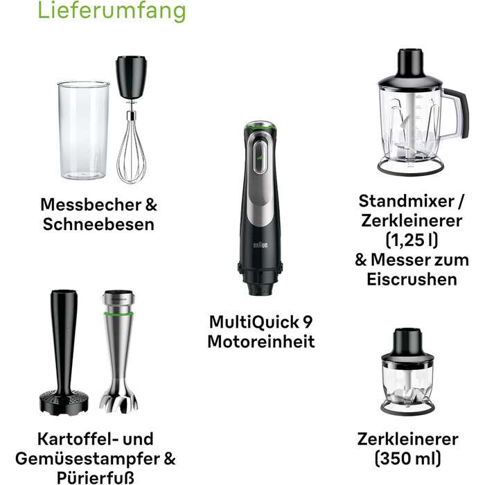 Braun MultiQuick 9 MQ 9147X – 5-in-1 immersion blender with stand mixer attachment, chopper, masher for potatoes & vegetables, and whisk, variable speed setting, 1200 W, Black/Stainless Steel. 5-in-1 including stand mixer attachment, single.