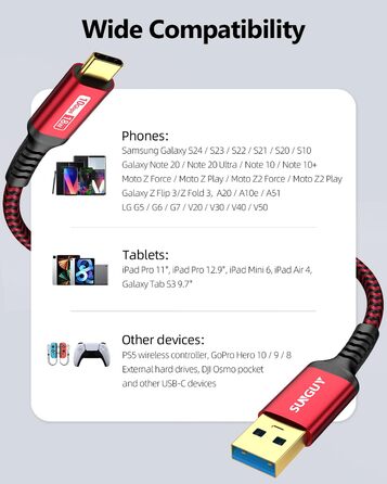 Кабель USB-C SUNGUY 30см, USB Type-C - USB 3.0, 0Gbps, для iPhone, Galaxy, Google Pixel, Android Auto, Huawei, червоний