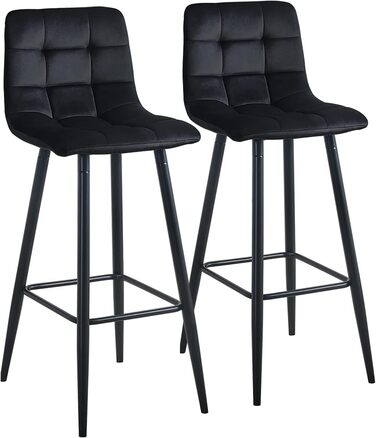 Velvet Bar Stools Set of 2 with Backrest - 66cm Seat Height - Black Kitchen Bar Stools for Countertops