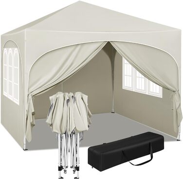 WOLTU Gazebo, Folding Gazebo 3x3 m, with 4 Side Walls, Party Tent Waterproof UV Protection 50+, Adjustable Height Garden Gazebo, with Carry Bag, for Outdoor Garden Camping (Beige)
