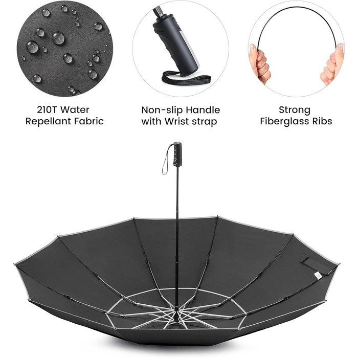 Чорний парасолька G4Free 62 дюймів (157 см) - великий, складний, вітростійкий, автоматичний, з подвійним куполом, 10 ребер