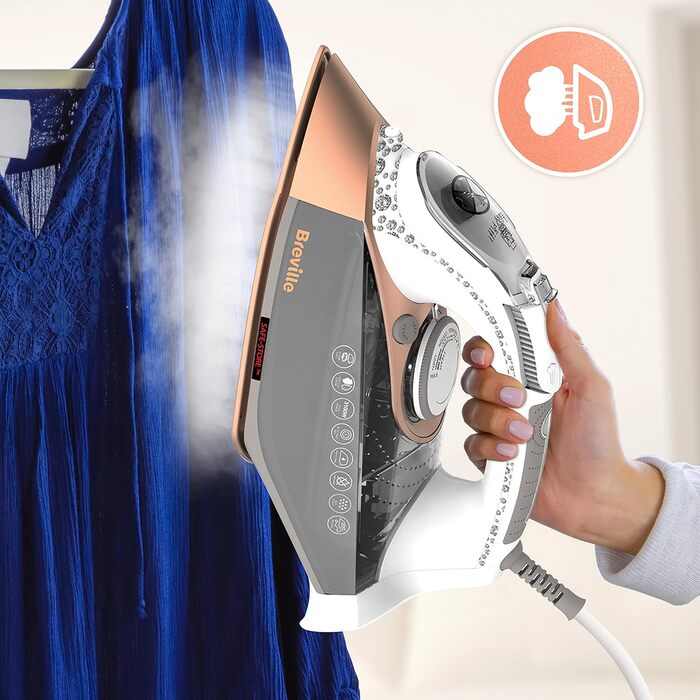 Праска Breville Powersteam 2600W з керамічною підошвою, 220 г паровий удар, вертикальний струмінь 50 г/хв, автовимкнення, білий/блакитний