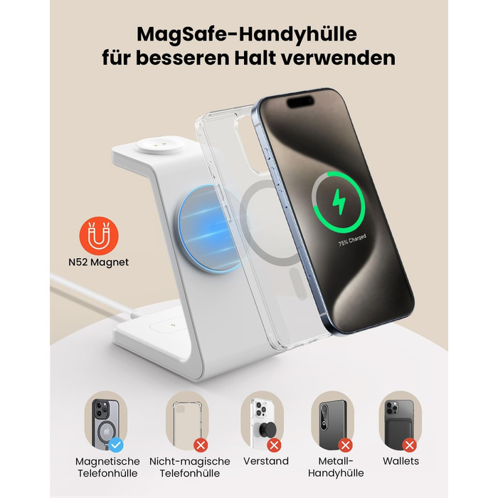 GEEKERA 3-в-1 зарядний пристрій Qi2 з MagSafe, 15W індукційна станція для iPhone 17/16/15/14/13/12, Apple Watch 11-2 та AirPods, білий/сірий