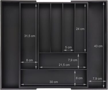 Relaxdays Cutlery Box Extendable, Bamboo, HBT: 5 x 33.5-49.5 x 44.5 cm, 7-9 Compartments, Cutlery Insert Drawer, Black