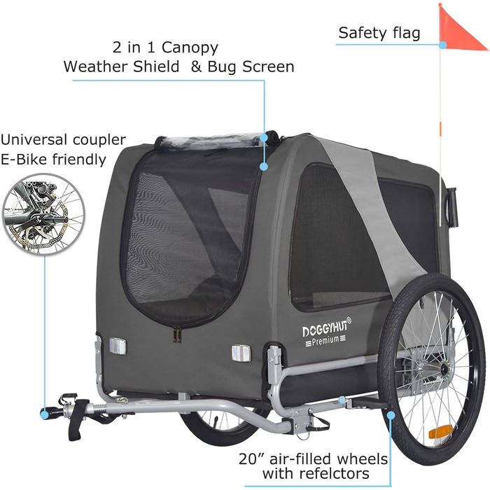 DOGGYHUT® Преміум великий 2 в 1 велосипедний причіп для собак та візок-бігунка. Великий об'єм 270 літрів для середніх та великих собак до 35 кг (сірий / чорний)