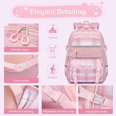 Шкільний рюкзак для дівчаток з візерунком, дихаючий та водовідштовхуючий рюкзак для 1-5 класів, Рожевий-01