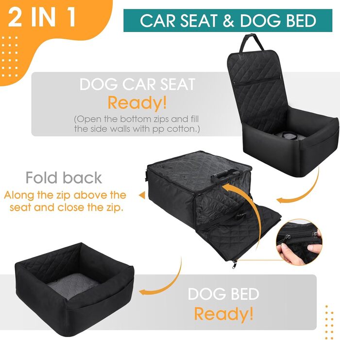 Автомобільний лежак для собак 2-в-1, чорний. Зігсвіт, з ременями безпеки, вбираючою підстилкою та знімним чохлом. Для маленьких собак