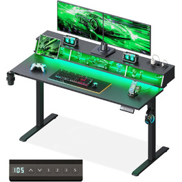 Офісний стіл для геймінгу OffiGo, 140 см, регулювання висоти, RGB LED, розетки, 3 стійкі місця для зберігання, тримач для напоїв та навушників, стільниця з карбонової поверхні (білий/чорний)