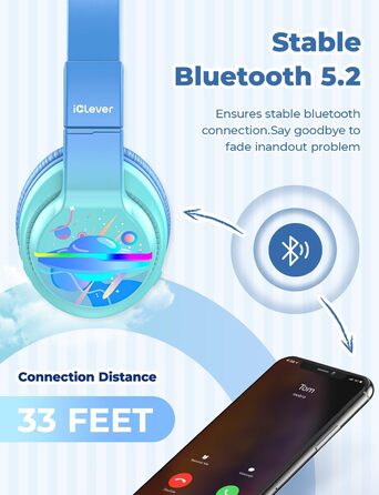 iClever Бездротові навушники для дітей з LED-підсвіткою, Bluetooth 5.2, мікрофон, BTH12 (градієнт синього)