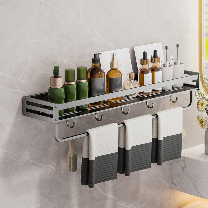 Настінна поличка для душу без свердління, 60 см, сірий колір. Організатор для ванної кімнати з великою місткістю та гачками. Нержавіюча сталь.