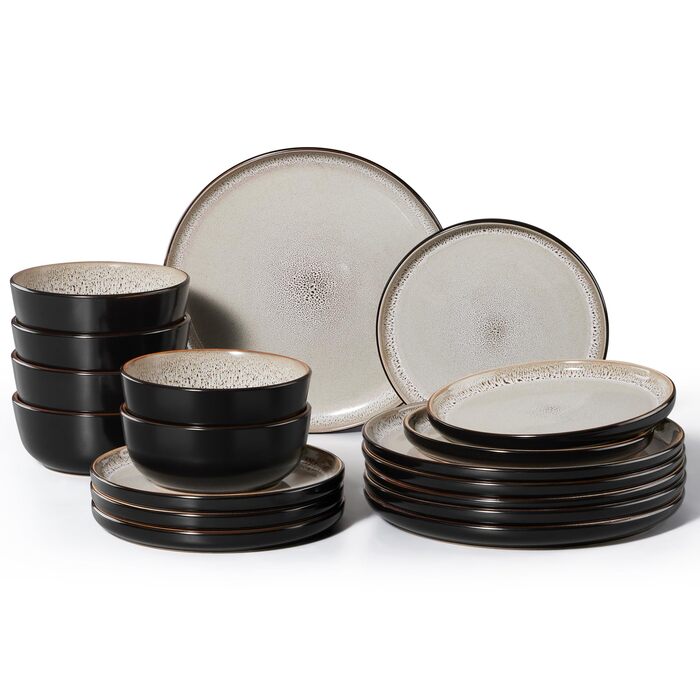 Набір посуду HaWare на 6 осіб, 18 предметів: тарілки, десертні тарілки, миски. З реактивною глазур’ю, стійкий до миття в посудомийній машині та використання в мікрохвильовій печі, бежевий колір.