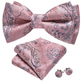 Батерфляй (метелик) для чоловіків Barry.Wang, шовк, паєтковий малюнок, комплект з кишеньковим хустиною та запонками, для весілля, свят, формальних заходів (рожевий, сірий)