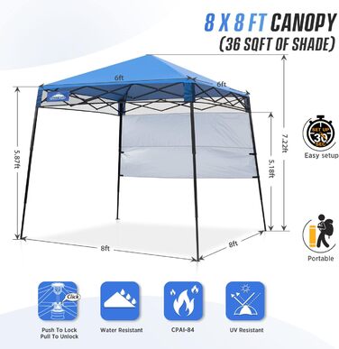 Folding Canopy with Slanted Legs 2.4x2.4m Waterproof Pop-up Pavilion with Side Walls, including Backpack, Blue